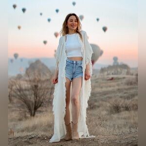 MOA White Fringe Cotton Maxi Kimono Duster (One Size)